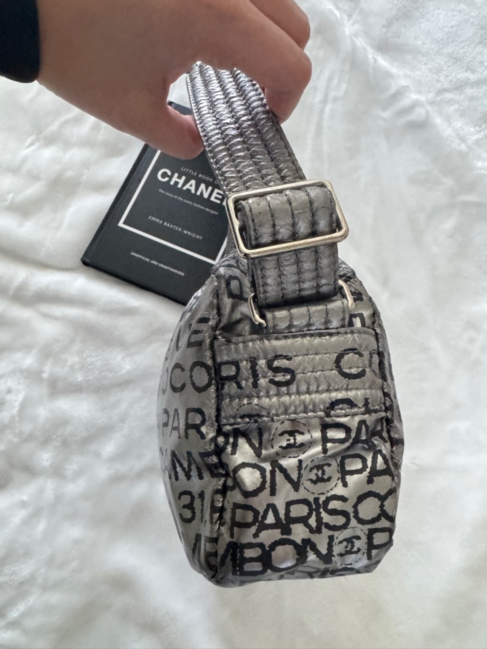 Authentic CHANEL Metallic Silver Logo Quilted Crossbody Bag - Picture 5 of 13